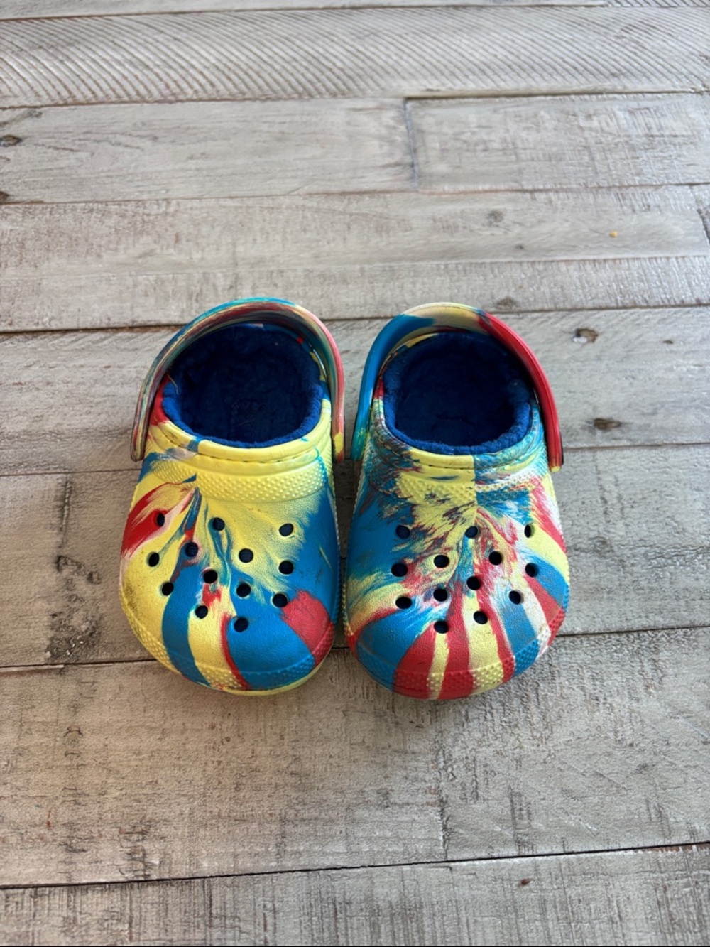 Kids Tie-Dye Crocs in Yellow, Blue & Red